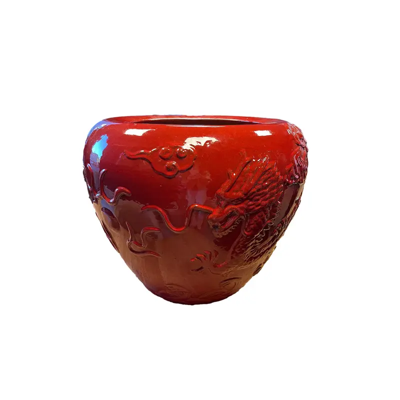 Terron Red Glazed Round Ceramic Pot Dragon PTMD