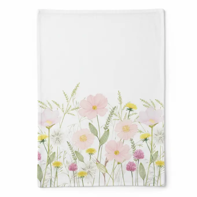 Theedoek Pastel Flowers wit roze 70x50cm