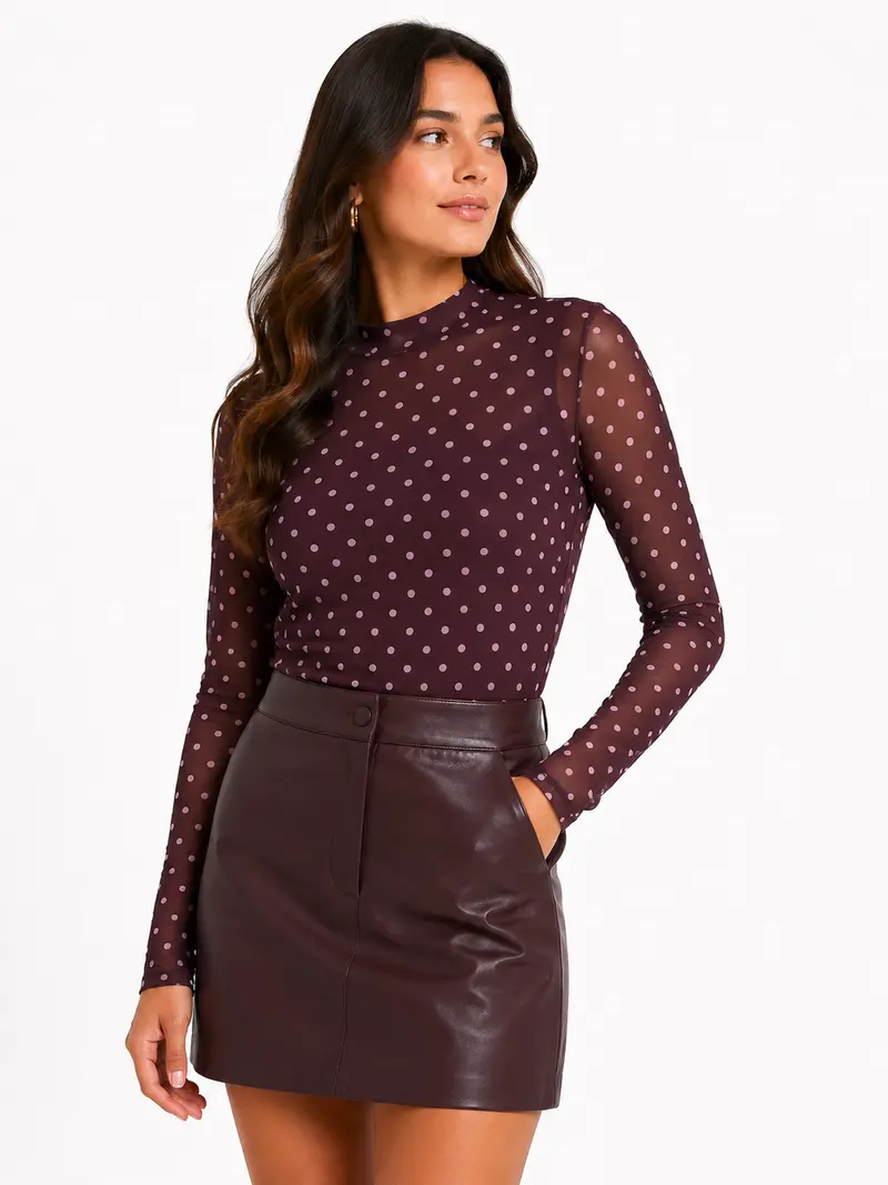 Top Bailey polka dot mesh long sleeve Plum
