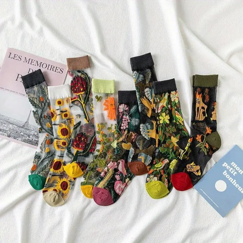Transparent Floral Crew Sock Set (5 Pairs)