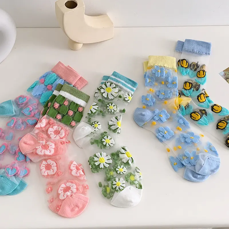 Transparent Flower Pattern Crew Socks (5 Colours)