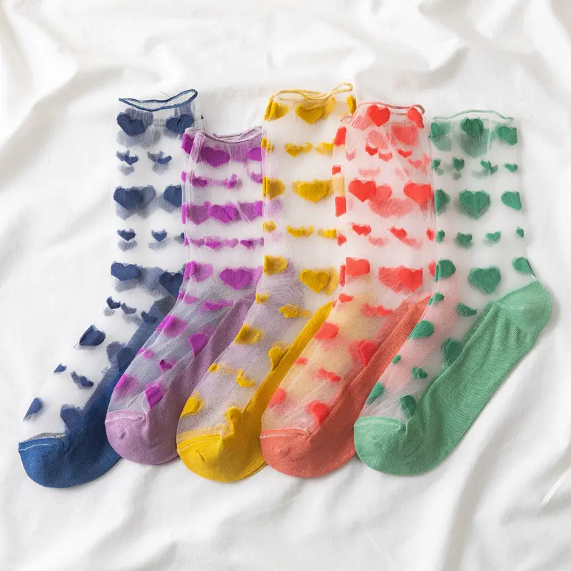 Transparent Heart Pattern Crew Socks (5 Colours)