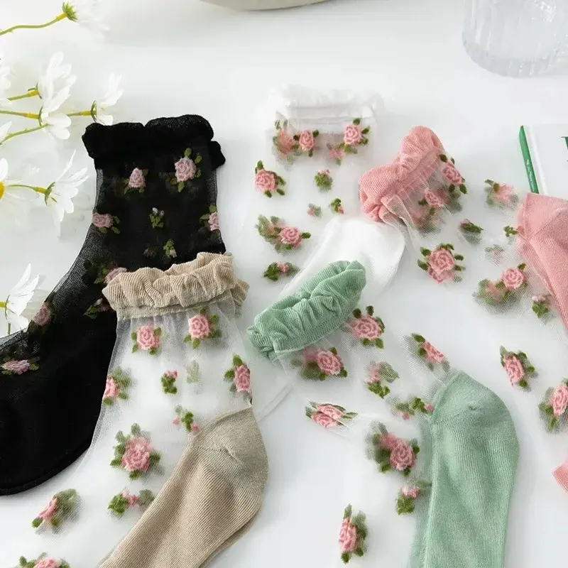 Transparent Ruffle Rose Crew Socks (5 Colours)