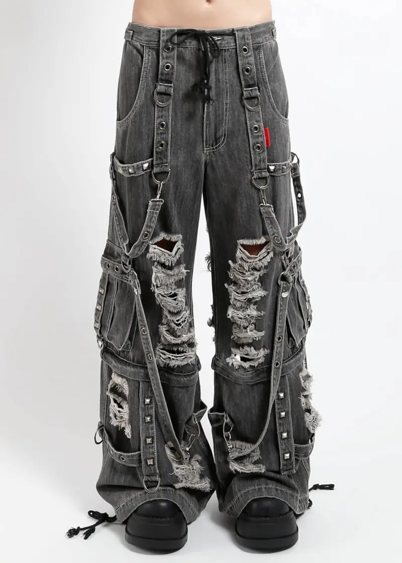 Tripp NYC Shredded Denim Strap Pants Black