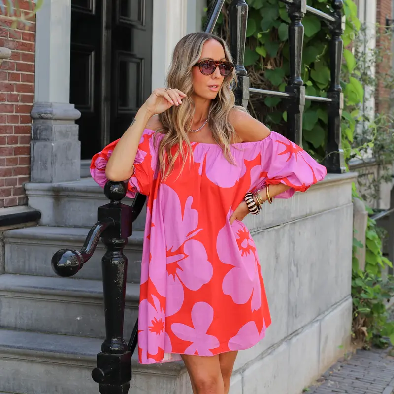 Tropical flower dress paars rood