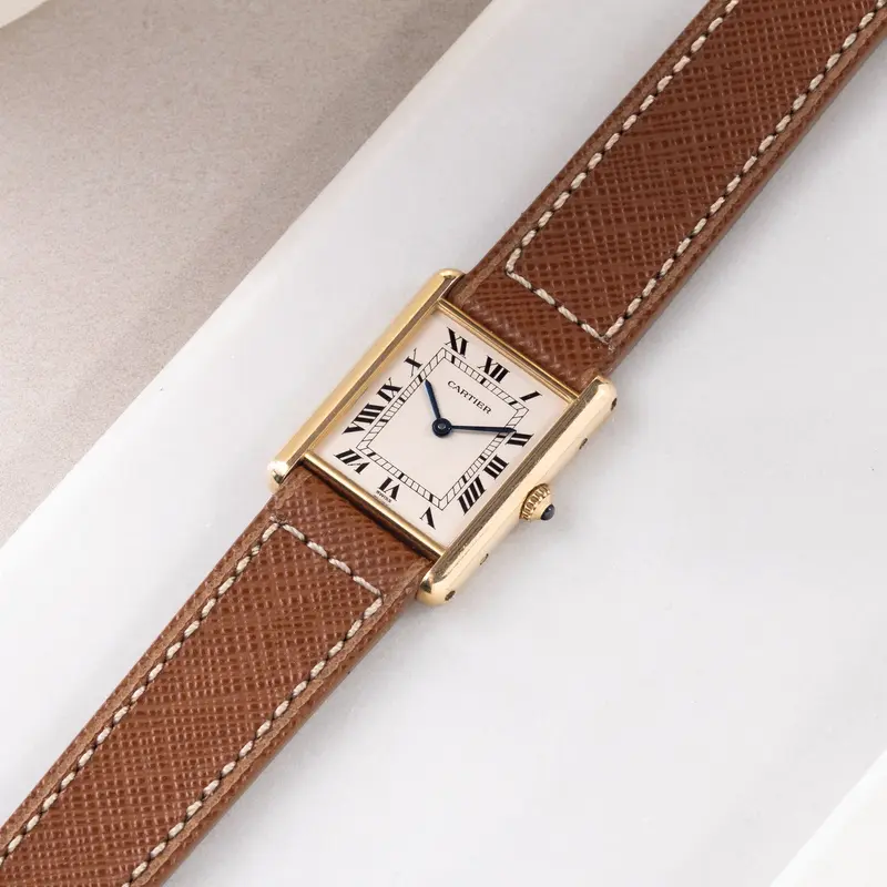 Uhrenarmband für Cartier 17.5mm - Saffiano Cognac Brown Leather - Boxed Stitch