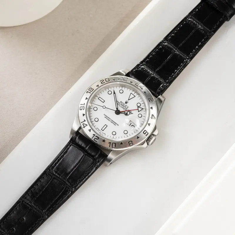 Uhrenarmband für Rolex Explorer 2 - Premium Alligator Black Leather(20mm)