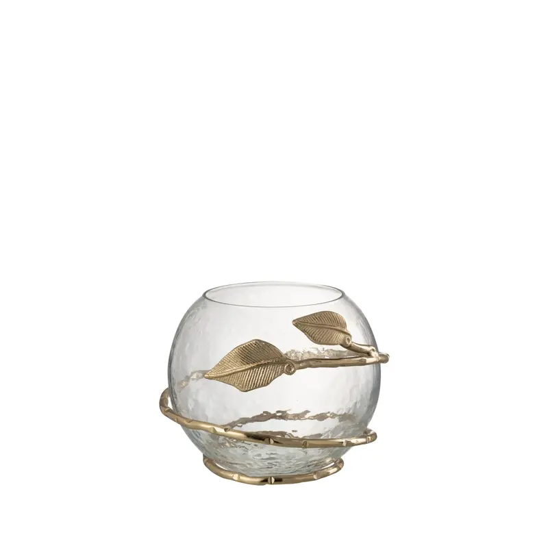 Vaas Blad Schaal Glas/Ijzer Transparant/Goud H13cm J-Line