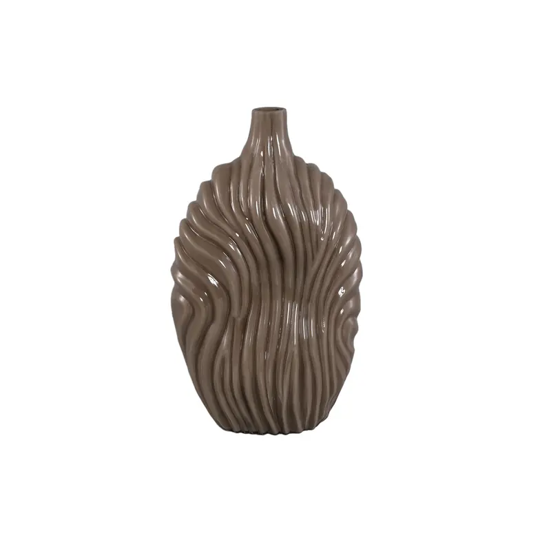Vaas Kelline Taupe Rond Geribbelde Glas Hoog PTMD
