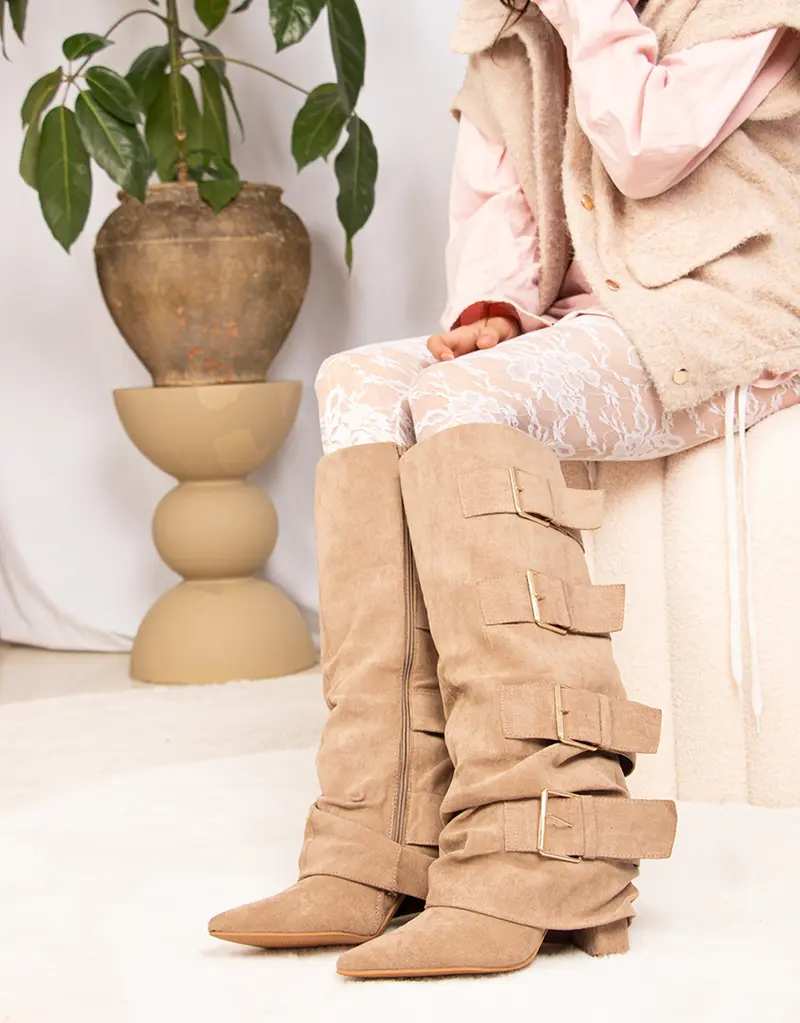 Vegan suede buckle slouch knee high boots