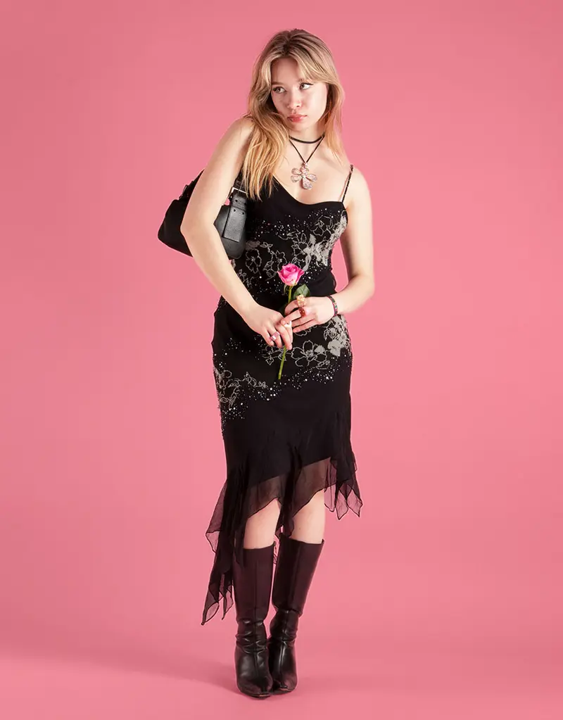 Vintage asymmetric tulle trim dress