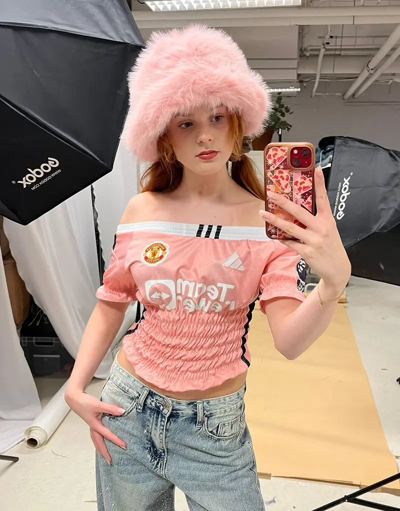 Vintage customized football off shoulder band top