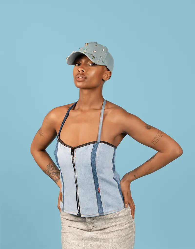 Vintage customized Levi’s denim patchwork tube top