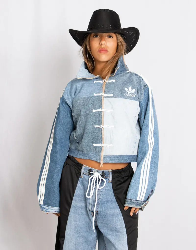 Vintage customized upcycled Adidas frog closure denim patches jacket