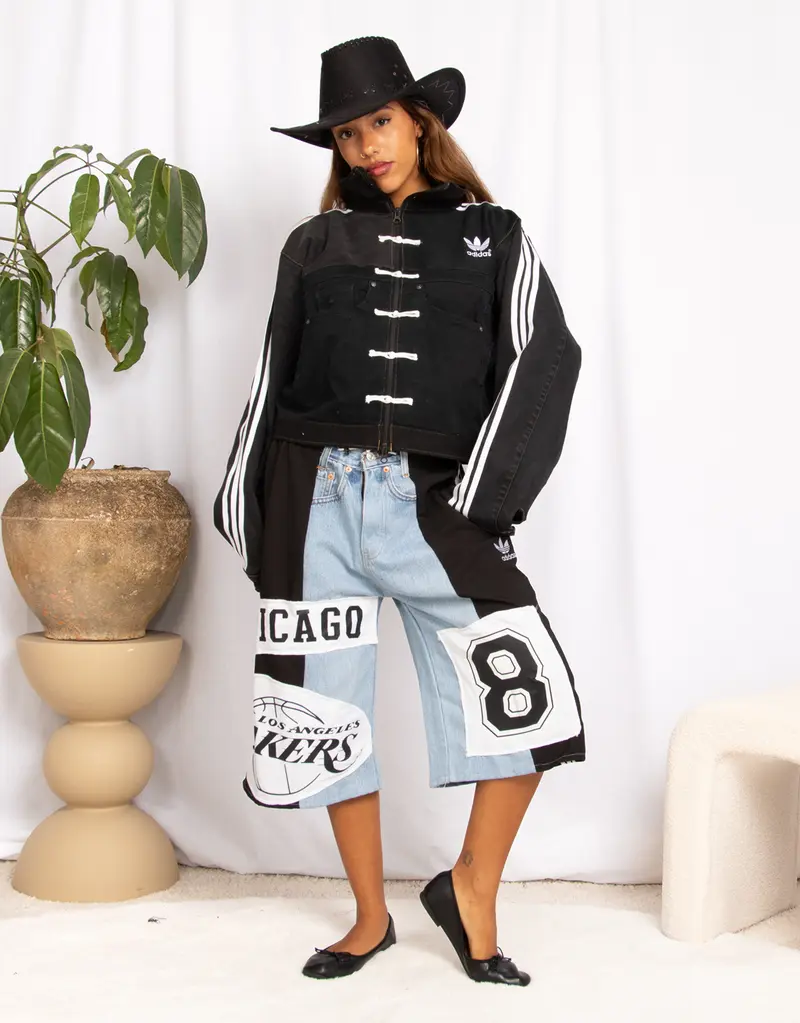Vintage customized upcycled Adidas frog closure denim pockets jacket