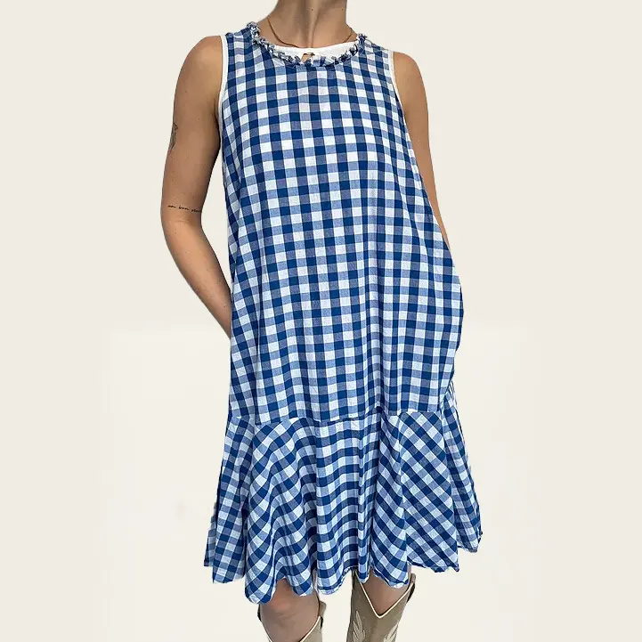 Vintage geruite blauw-witte katoenen jurk
