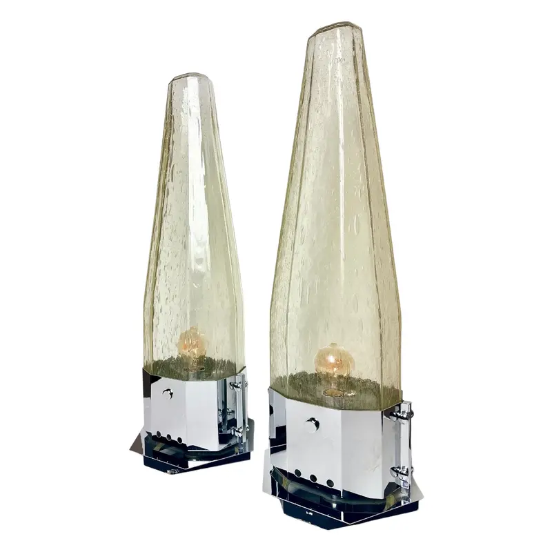 Vintage Set Art Deco stijl Glazen en Chromen Tafellampen, Italië 1970/80s