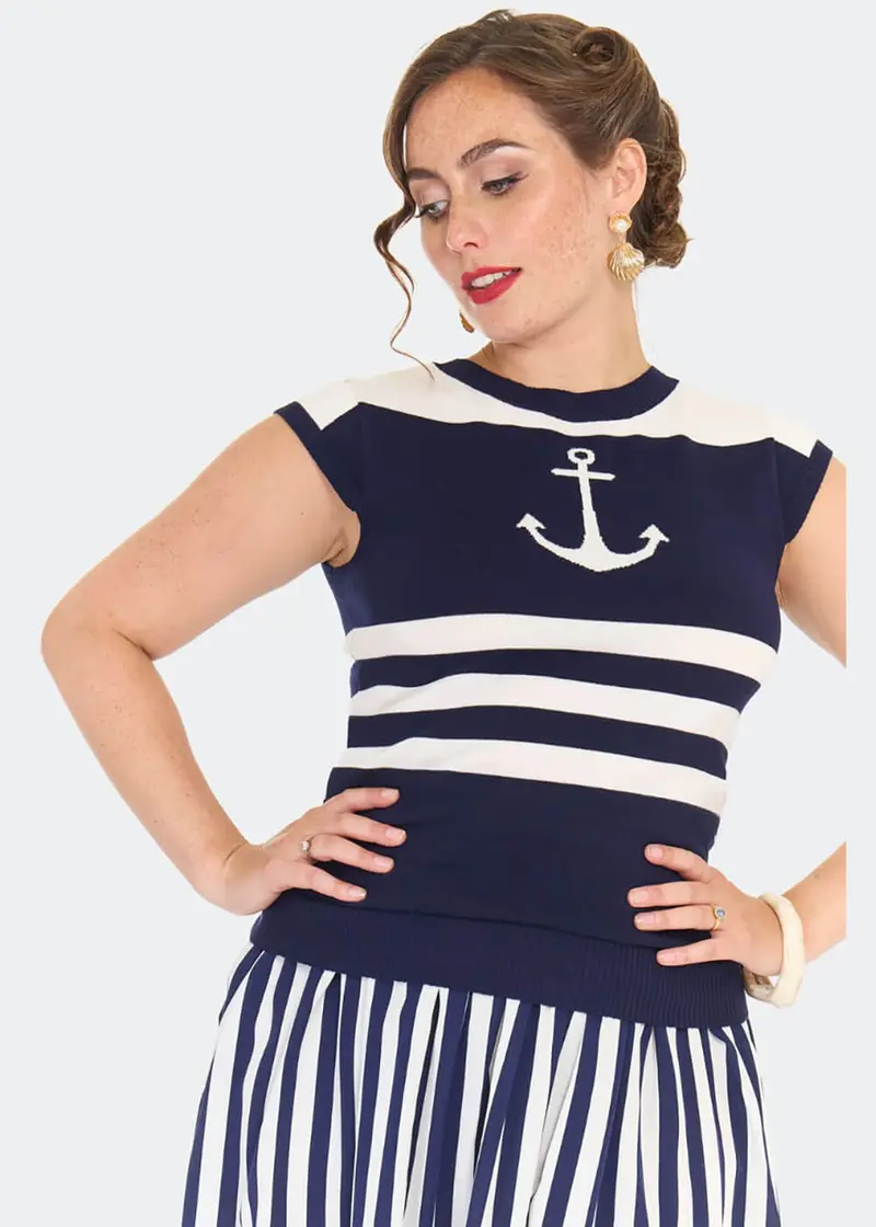 Voodoo Vixen Anchor Stripe Top Navy