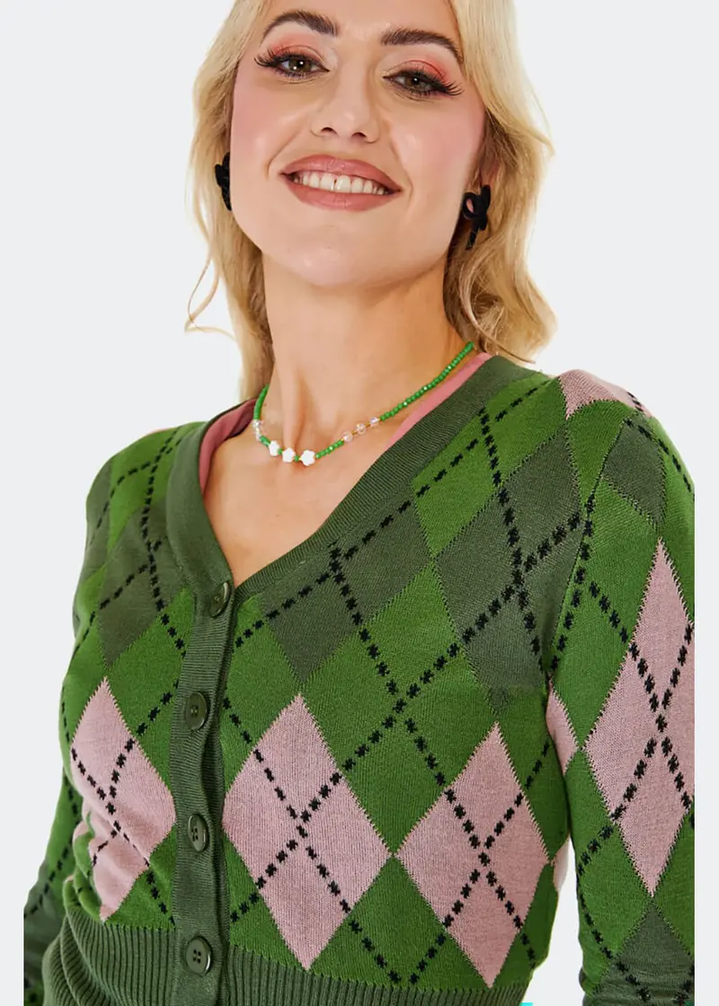 Voodoo Vixen Argyle 60s Cardigan Green