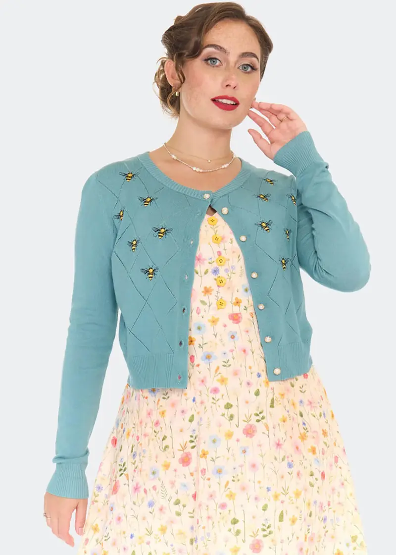 Voodoo Vixen Bee 50s Cardigan Blue