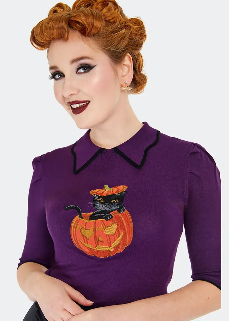 Voodoo Vixen Cat Pumpkin 50's Knitted Sweater Purple