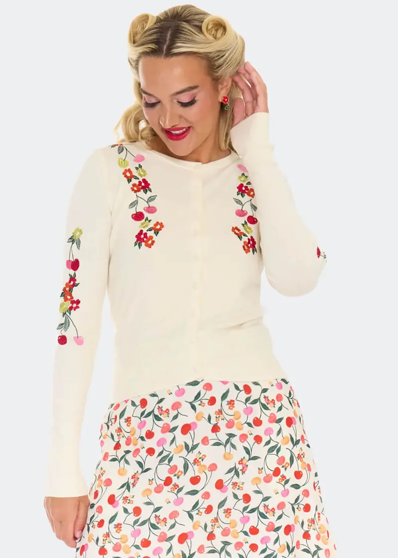 Voodoo Vixen Colorful Cherries 50's Cardigan Cream