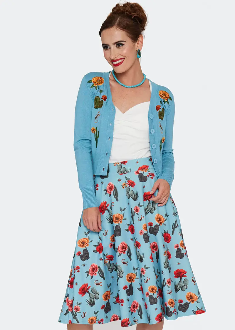 Voodoo Vixen Desert Floral 50's Swing Skirt Blue