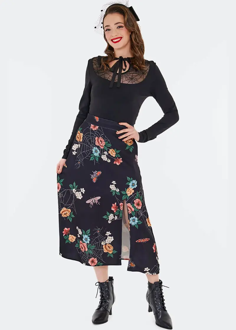 Voodoo Vixen Floral Moth Web 50's Midi Skirt Black