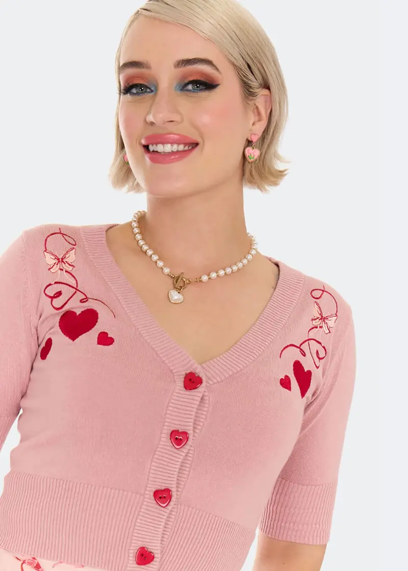 Voodoo Vixen Heart And Ribbon 50s Cardigan Pink