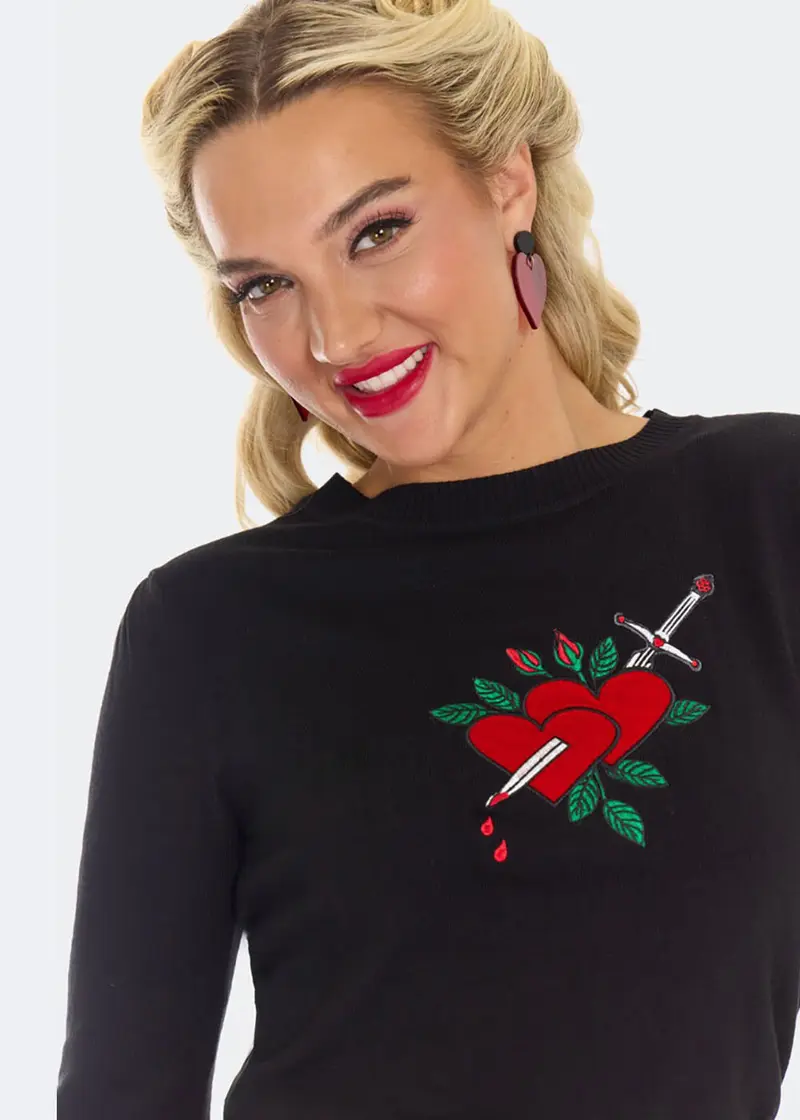 Voodoo Vixen Heart & Dagger 50s Top Black