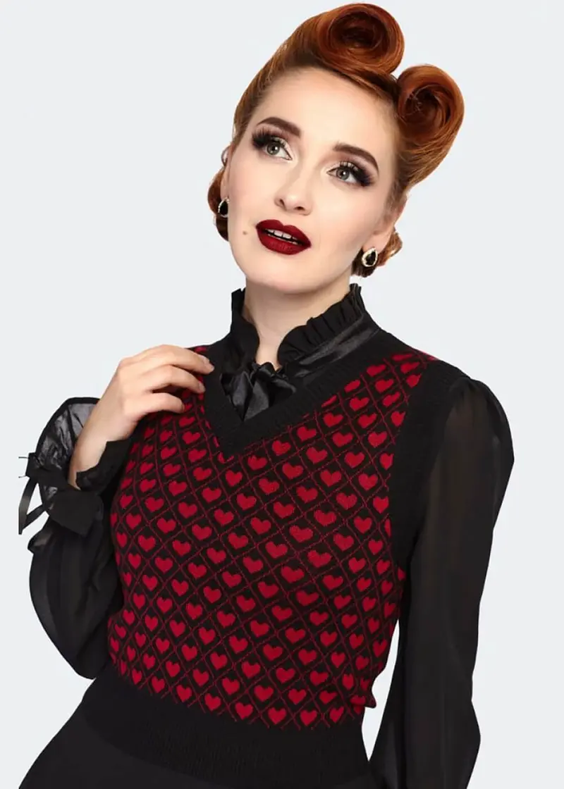 Voodoo Vixen Heart Pattern 60s Sweater Vest Black