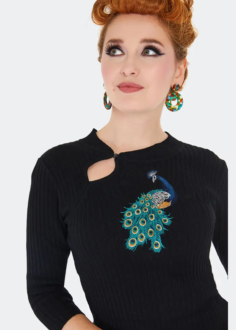 Voodoo Vixen Peacock Keyhole 40's Knitted Sweater Black