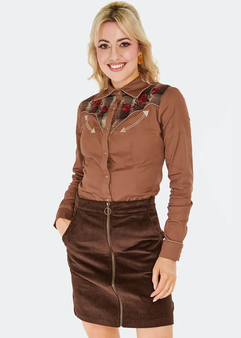 Voodoo Vixen Western Plaid 40s Brown Blouse