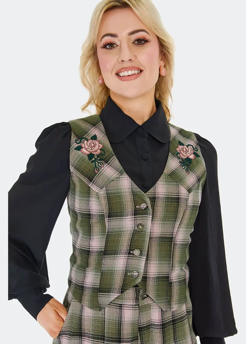Voodoo Vixen Western Plaid Flower Vest Multi