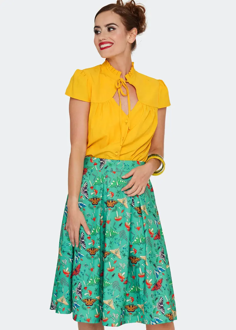 Voodoo Vixen Woodland Moth Mushroom 40's Swing Skirt Green