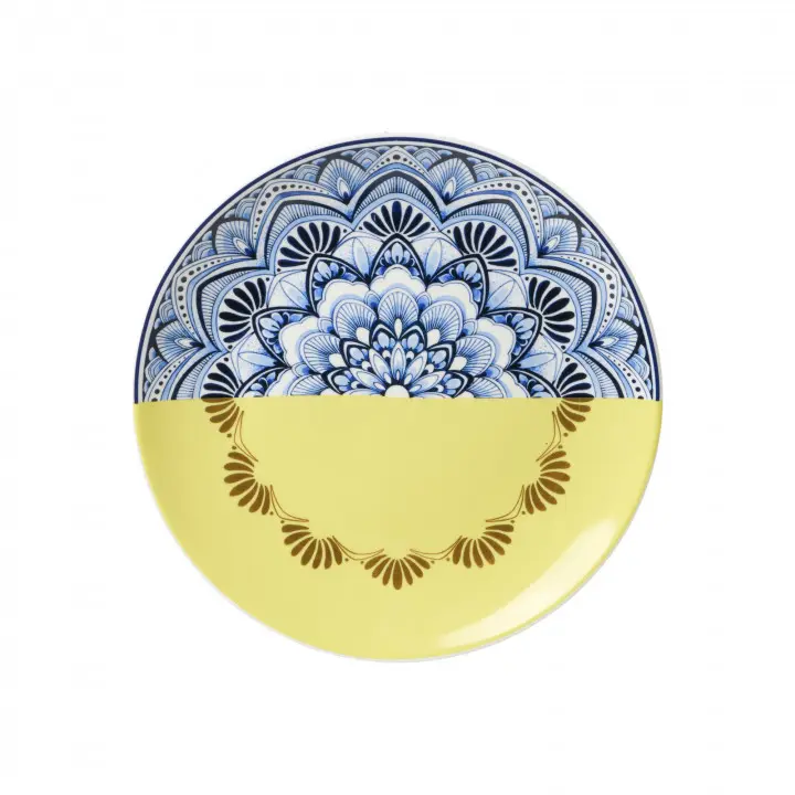 Wandbord Heinen Delfs Blauw " Mandala Geel "