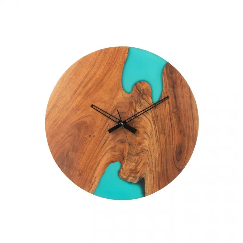 Wandklok Modern Acacia Hout/Epoxyhars Naturel/Blauw