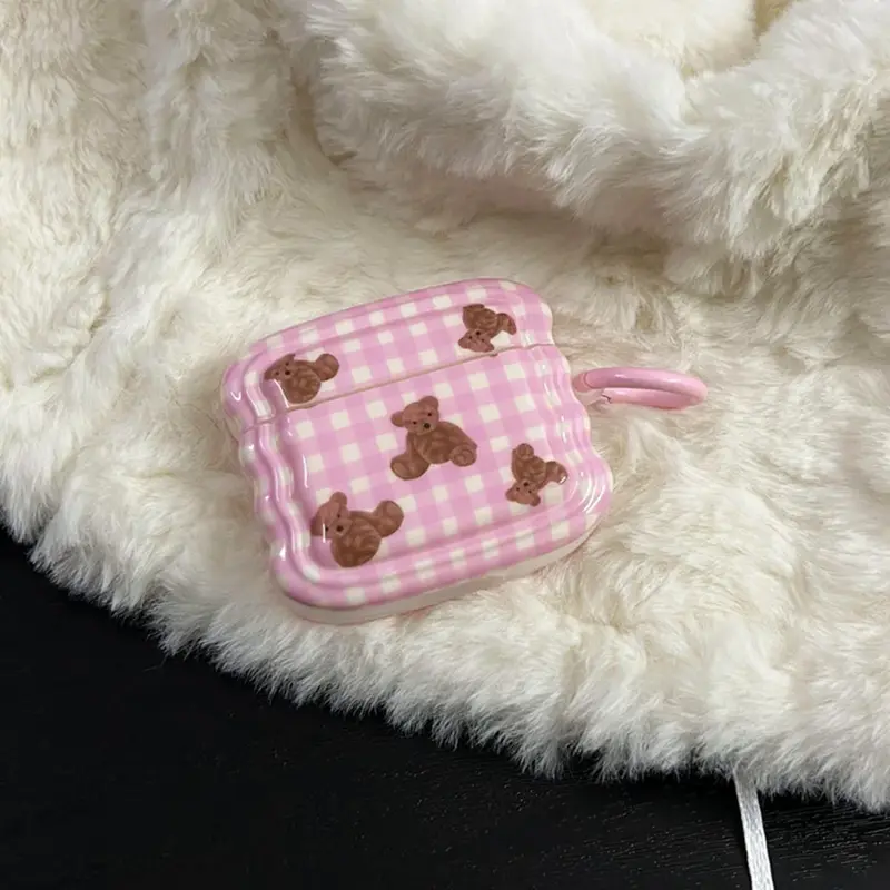 Wavy Gingham Teddy Bear AirPods Charger Case Cover