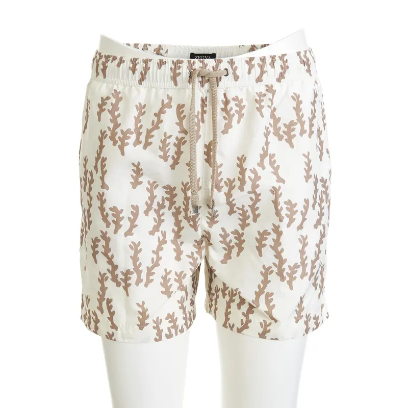 White Beige Oasi Print Swim Trunks