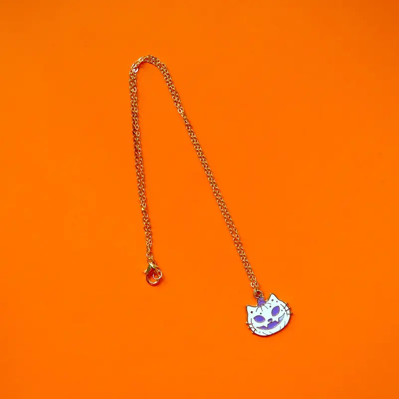 White Jack-O-Lantern Cat Pumpkin Charm Necklace