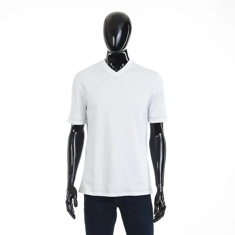White V-Neck T-shirt - Short-sleeve, Cotton Interlock