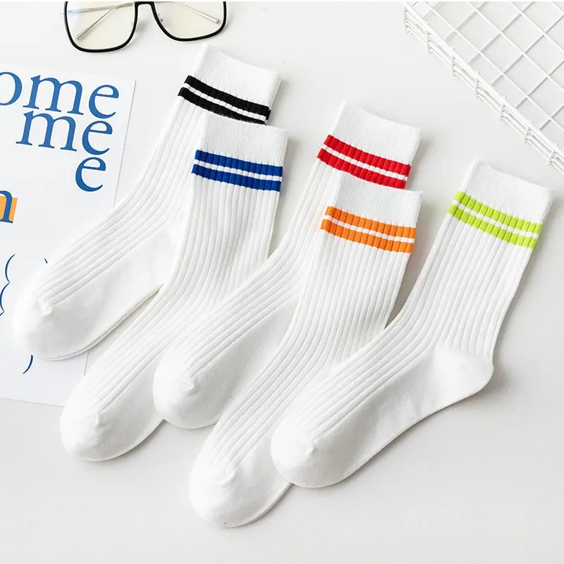 White Vintage Sports Style Stripe Crew Socks (5 Colours)