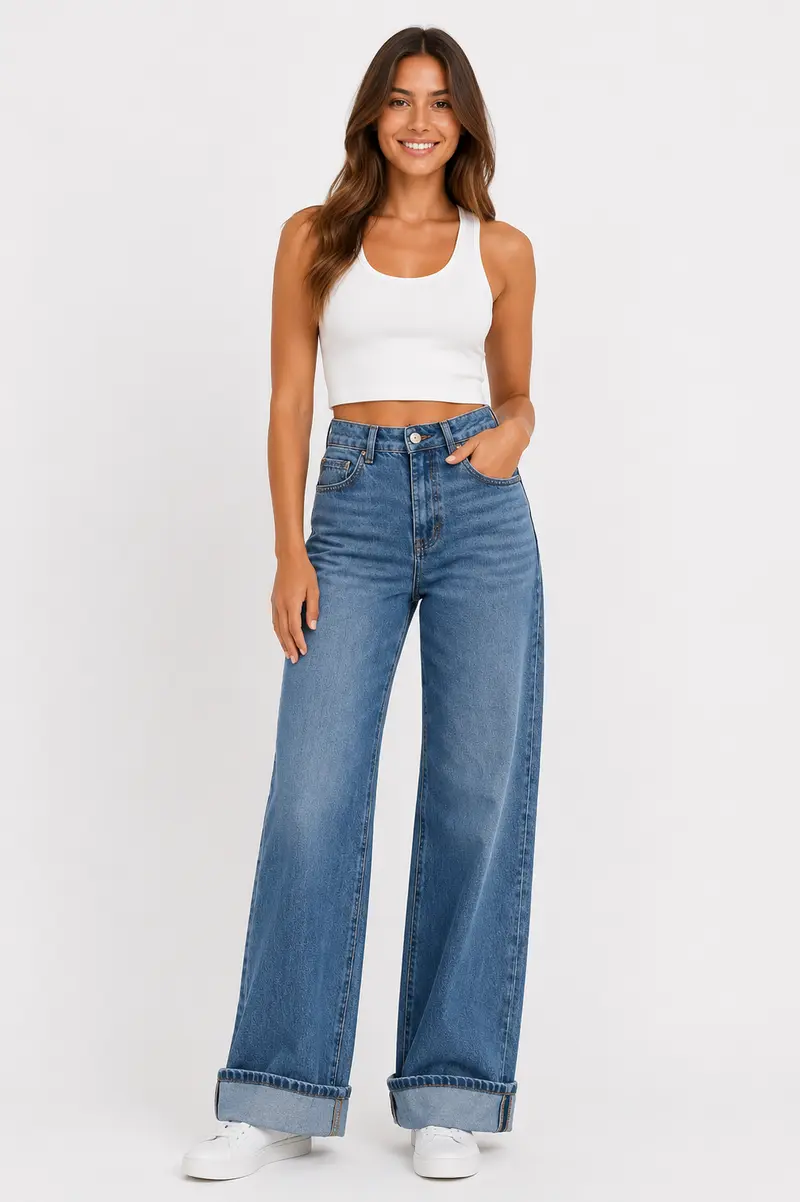 Wide leg jeans met omslag