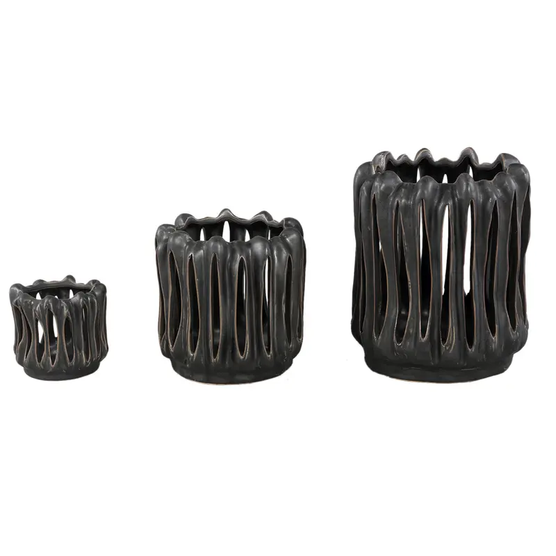 Windlicht Luci Zwart Keramiek Open ribbel Rond Set van 3 PTMD