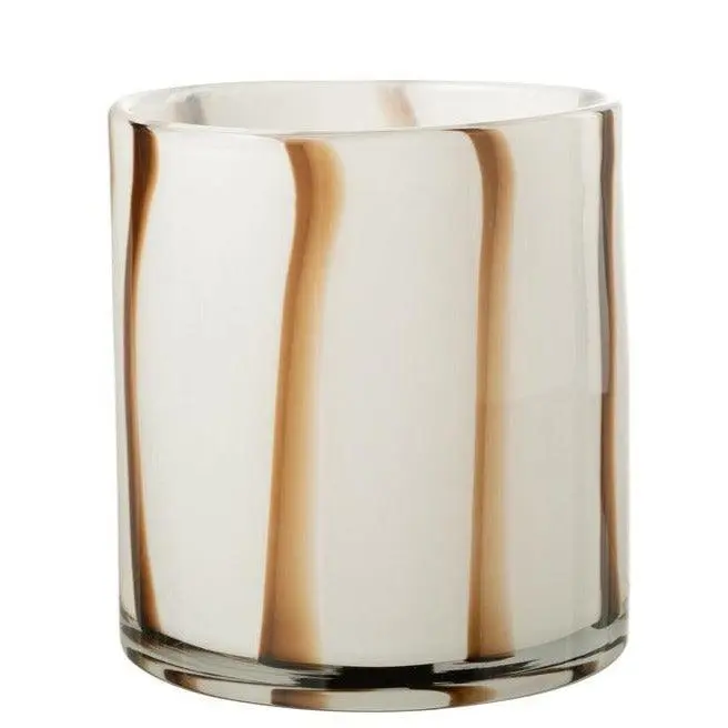 Windlicht Strepen Safari Glas Wit/Bruin Medium J-Line