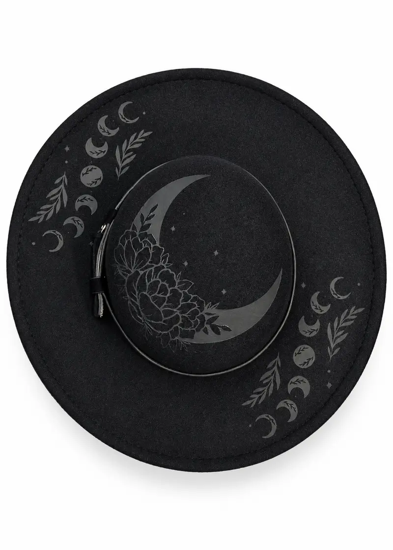 Witchwood Floral Moon XL Brim Vegan Felt Hat Black