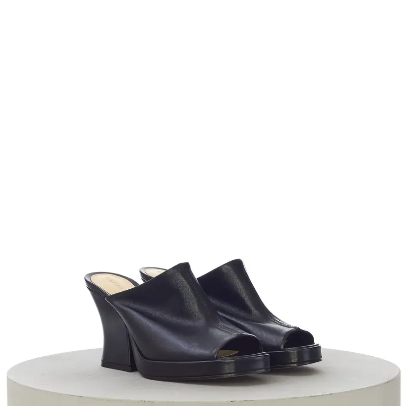 Women's Wedge Mule Sandals In Black Leather
