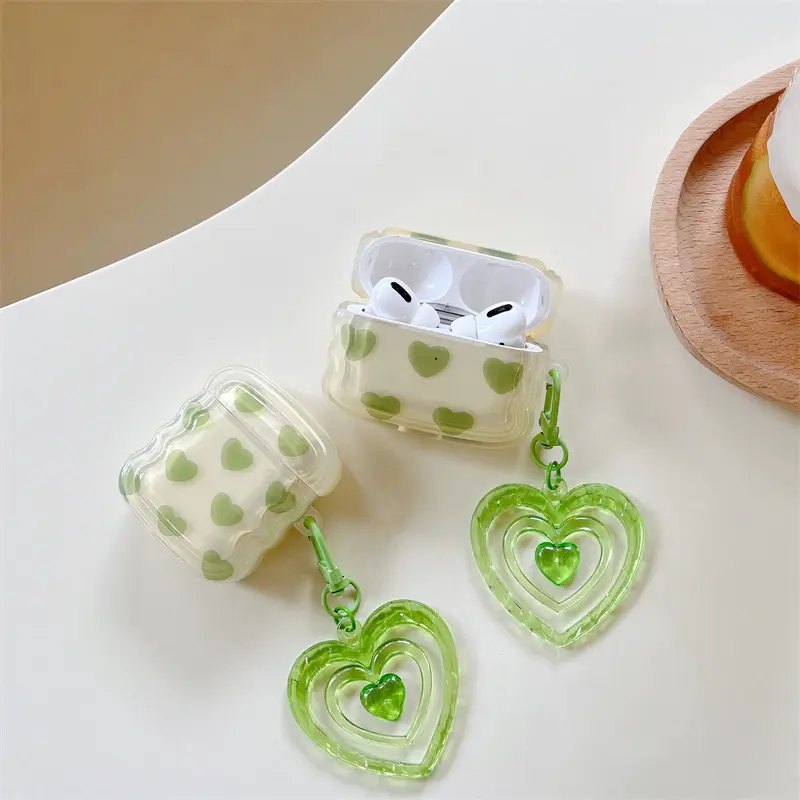 Y2k Green Hearts AirPods Charger Case Cover with Charm Strap