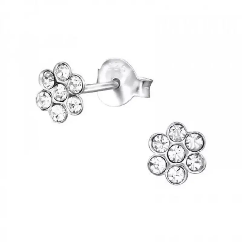 Zilveren oorknop, bloem witte steen (3MM)