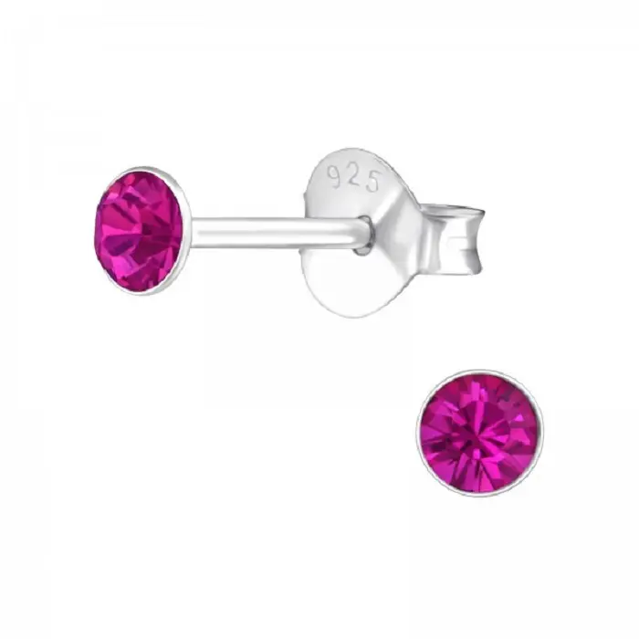 Zilveren oorknop, Fuchsia Swarovski kristal (3-8MM)